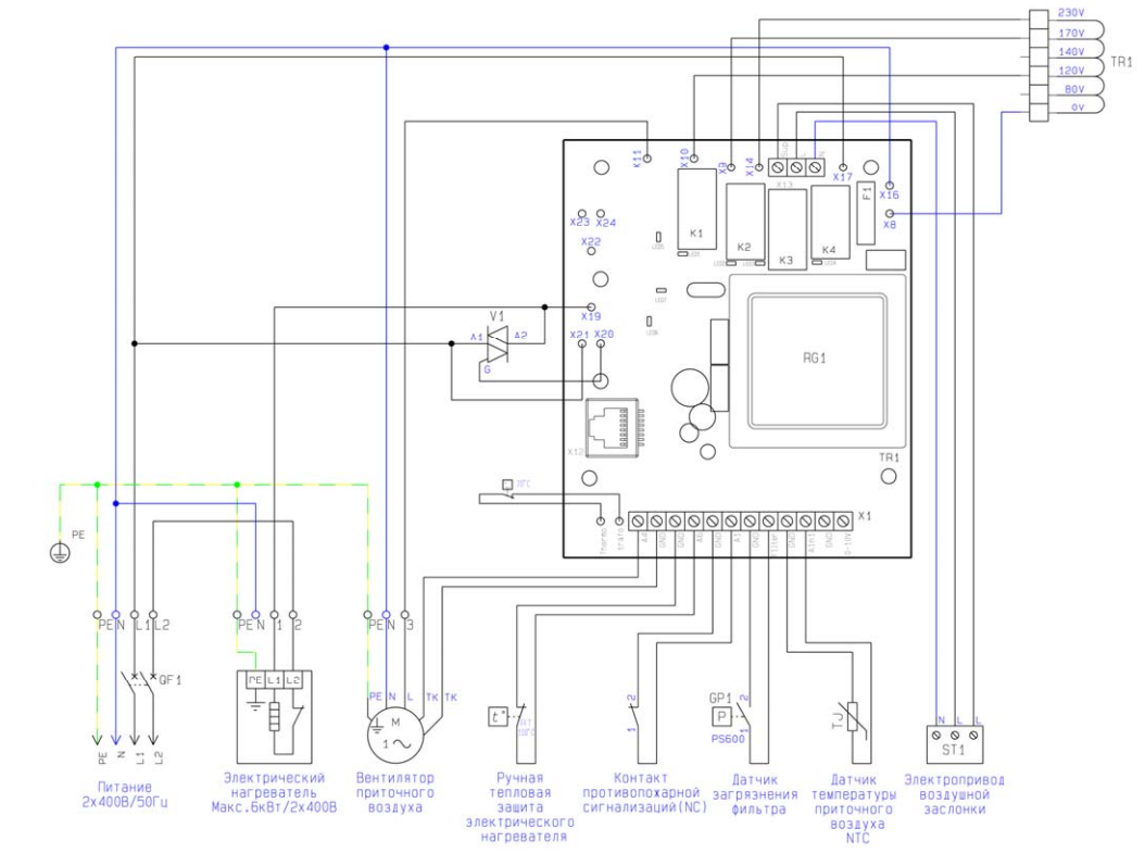 Ventik-6 электрическая схема подключения с 2-фазным нагревателем